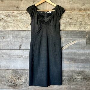 Rebecca Taylor Dark Grey Wool Blend Sheath Dress Black Ruffle V-Neck Office Sz 8